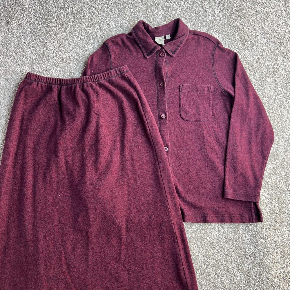 LL Bean Shirt Skirt Set Womens Medium Red Flecked Knit Button Front Two Piece